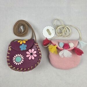 Set Of 2 Colorful Kids Leather Flower (Used) & Mudpie Pom-Pom (New) Purses